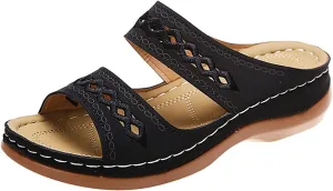 Orthopedic Sandals for Women Arch Support Sandals Open Toe Sandals for Women Vintage Hollow Slippers Large Size Wedge Heel Slippers Thick Sole Flops Summer Walking Slippers Beach Shoes