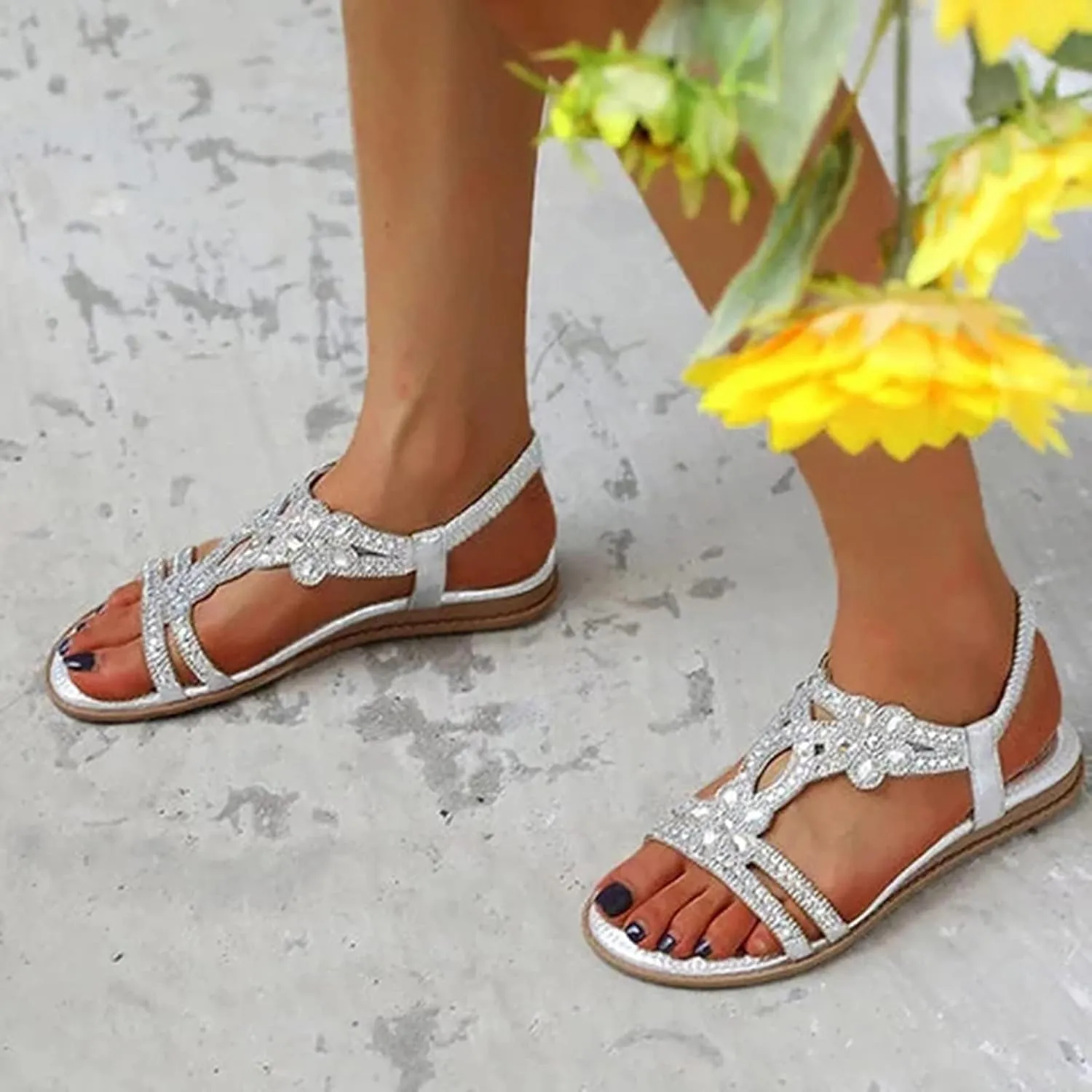 Orthopedic Sandals for Women Casual Summer Rhinestone Beaded Sparkly Bling Bohemian Lace Flower Sandal Plantar Fasciitis Sandals Beach Shoes
