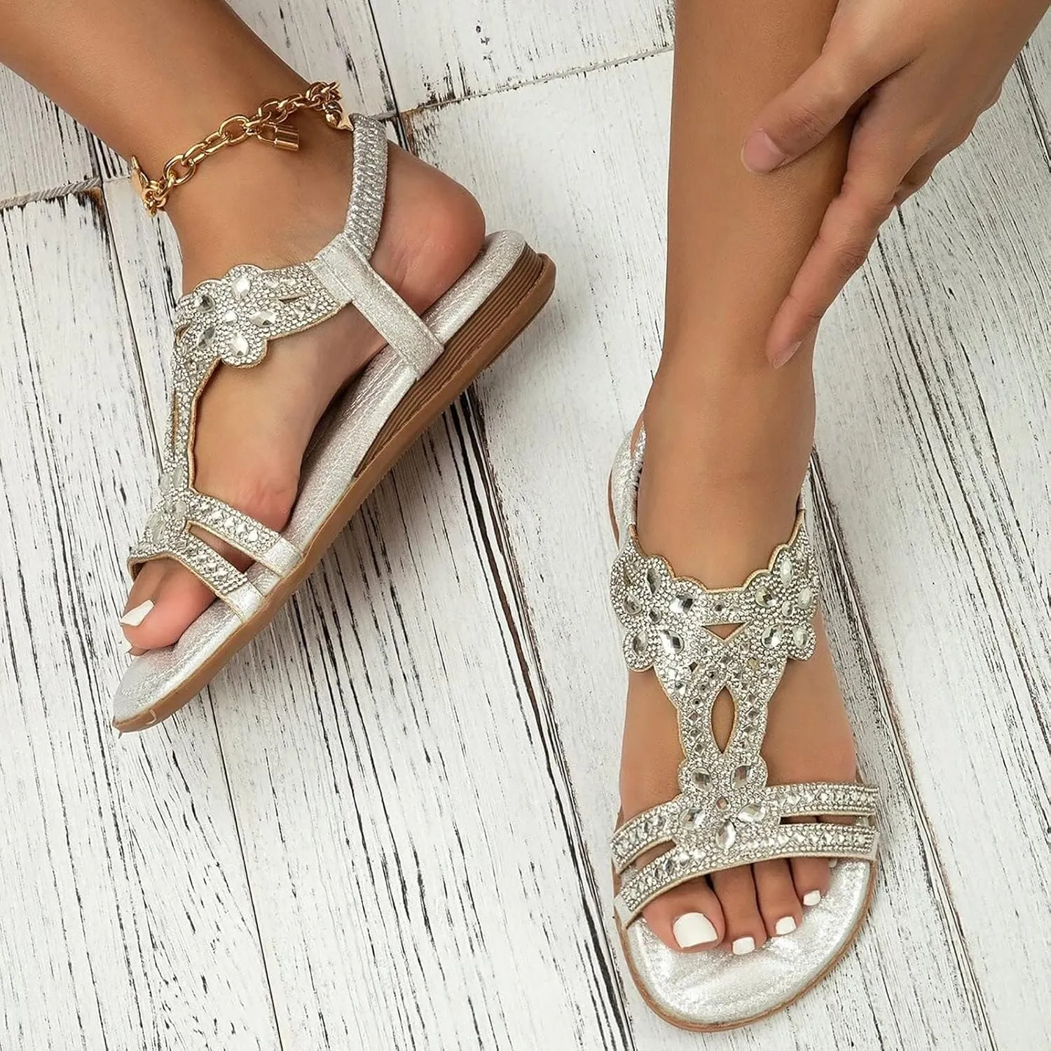 Orthopedic Sandals for Women Casual Summer Rhinestone Beaded Sparkly Bling Bohemian Lace Flower Sandal Plantar Fasciitis Sandals Beach Shoes