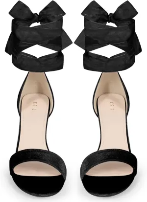 Perphy Chunky Heels Lace Up Ballet Velvet Sandals for Women