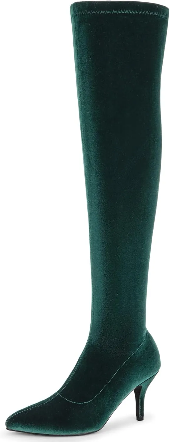 Perphy Faux Velvet Pointed Toe Stiletto Heels Over the Knee High Boots for Women