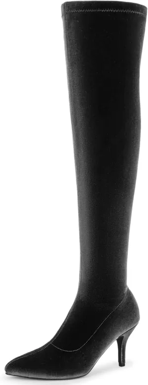 Perphy Faux Velvet Pointed Toe Stiletto Heels Over the Knee High Boots for Women
