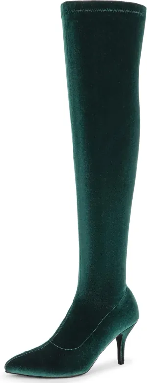 Perphy Faux Velvet Pointed Toe Stiletto Heels Over the Knee High Boots for Women