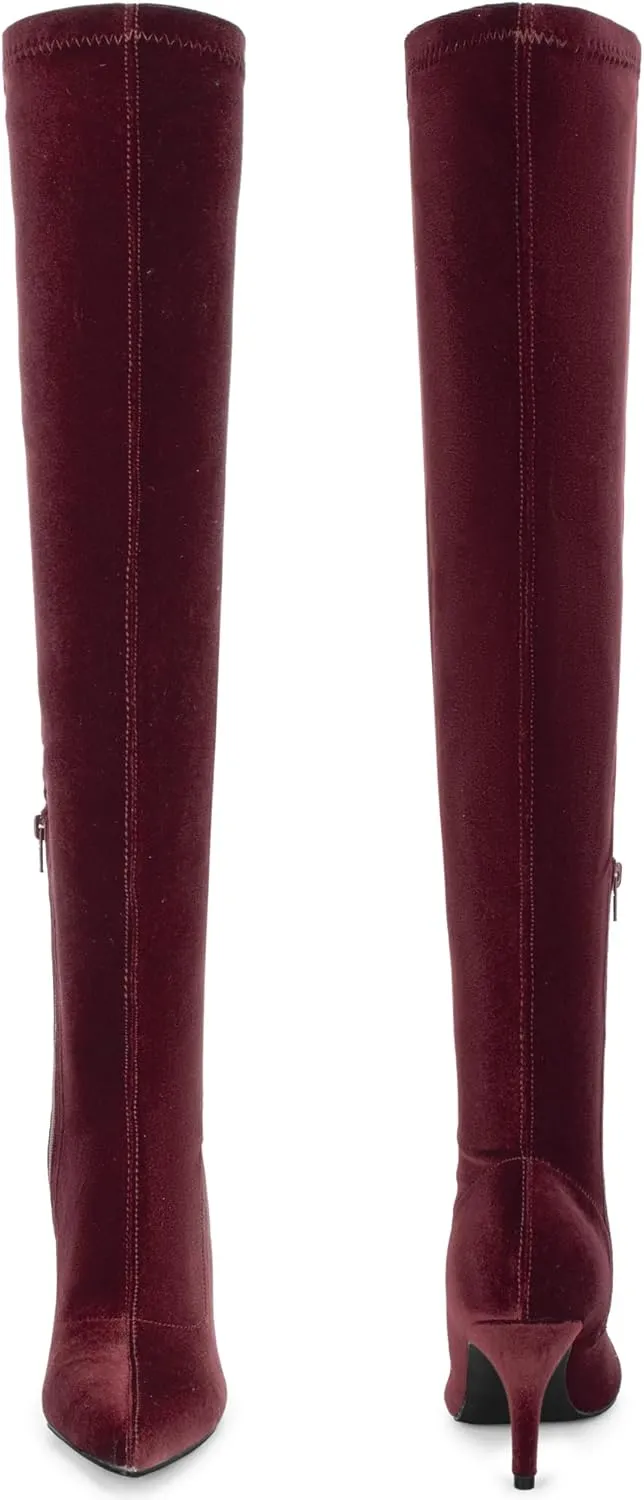 Perphy Faux Velvet Pointed Toe Stiletto Heels Over the Knee High Boots for Women