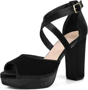 Perphy Peep Toe Pumps Velvet Block Heel Platform Sandals for Women