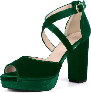 Perphy Peep Toe Pumps Velvet Block Heel Platform Sandals for Women