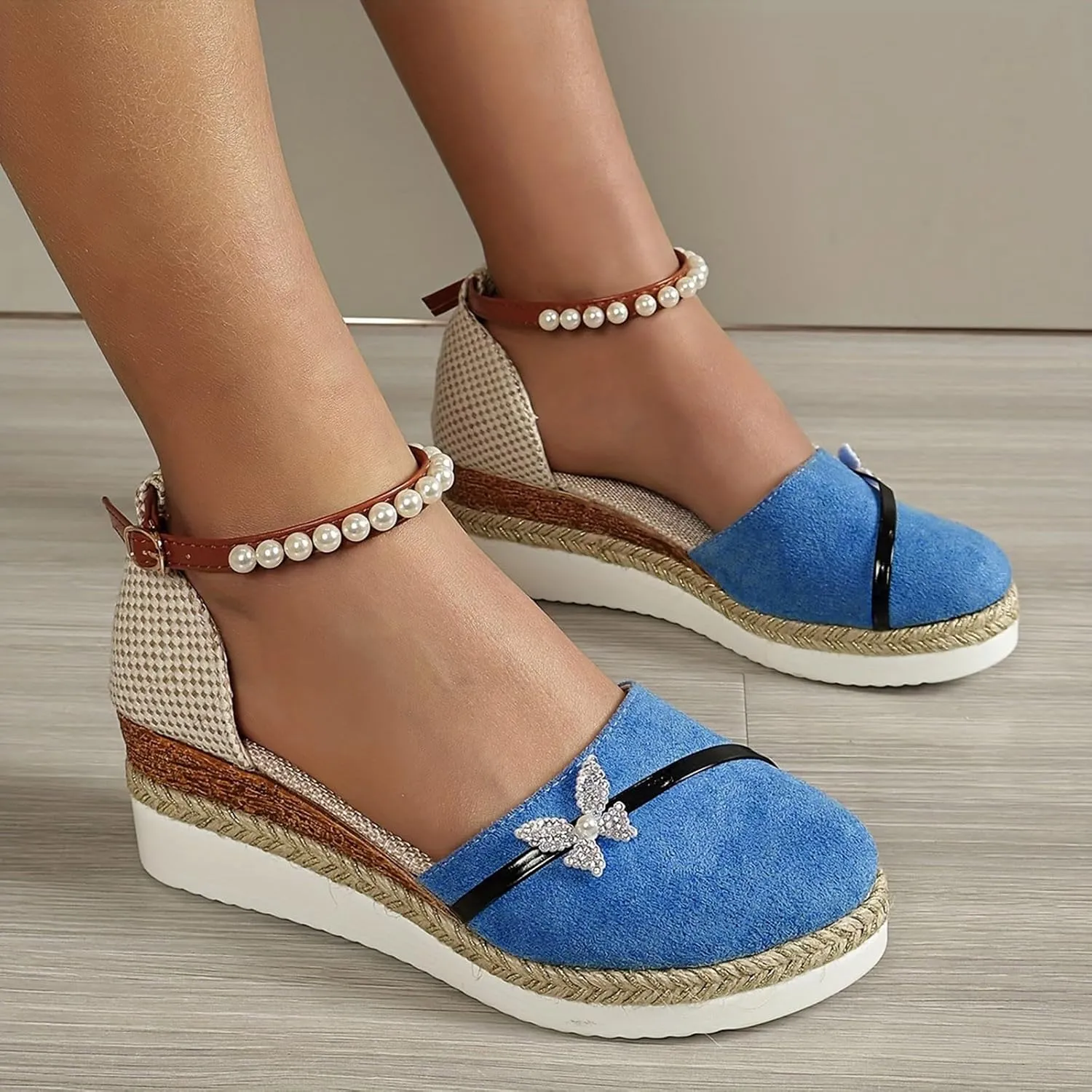 Roorsily Temperament Thick Bottom Shoes for Women Fashion Closed Toe Shoes Suede Pearl Ankle Strap Wedge Shoes for Women