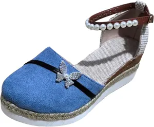Roorsily Temperament Thick Bottom Shoes for Women Fashion Closed Toe Shoes Suede Pearl Ankle Strap Wedge Shoes for Women