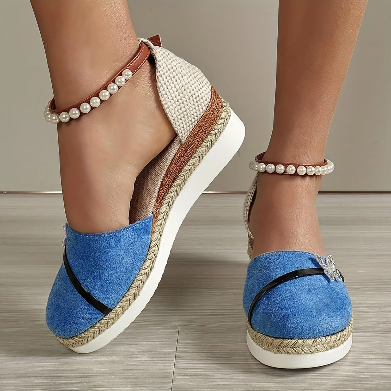 Roorsily Temperament Thick Bottom Shoes for Women Fashion Closed Toe Shoes Suede Pearl Ankle Strap Wedge Shoes for Women