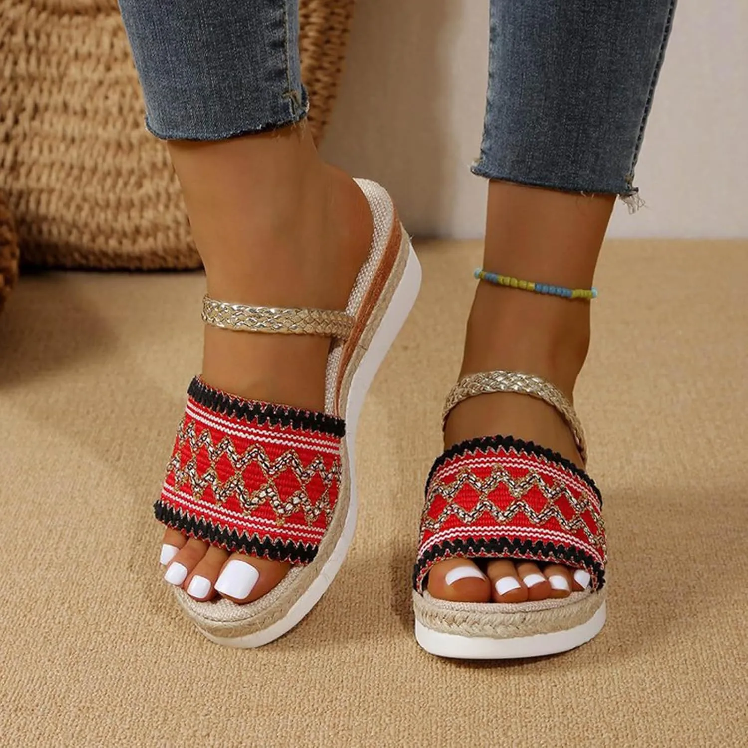 Roorsily Women's Comfortable Wedge Sandals Weaving Thick Bottom Slope Heel Large Size Sandals Slippers Walking Sandals