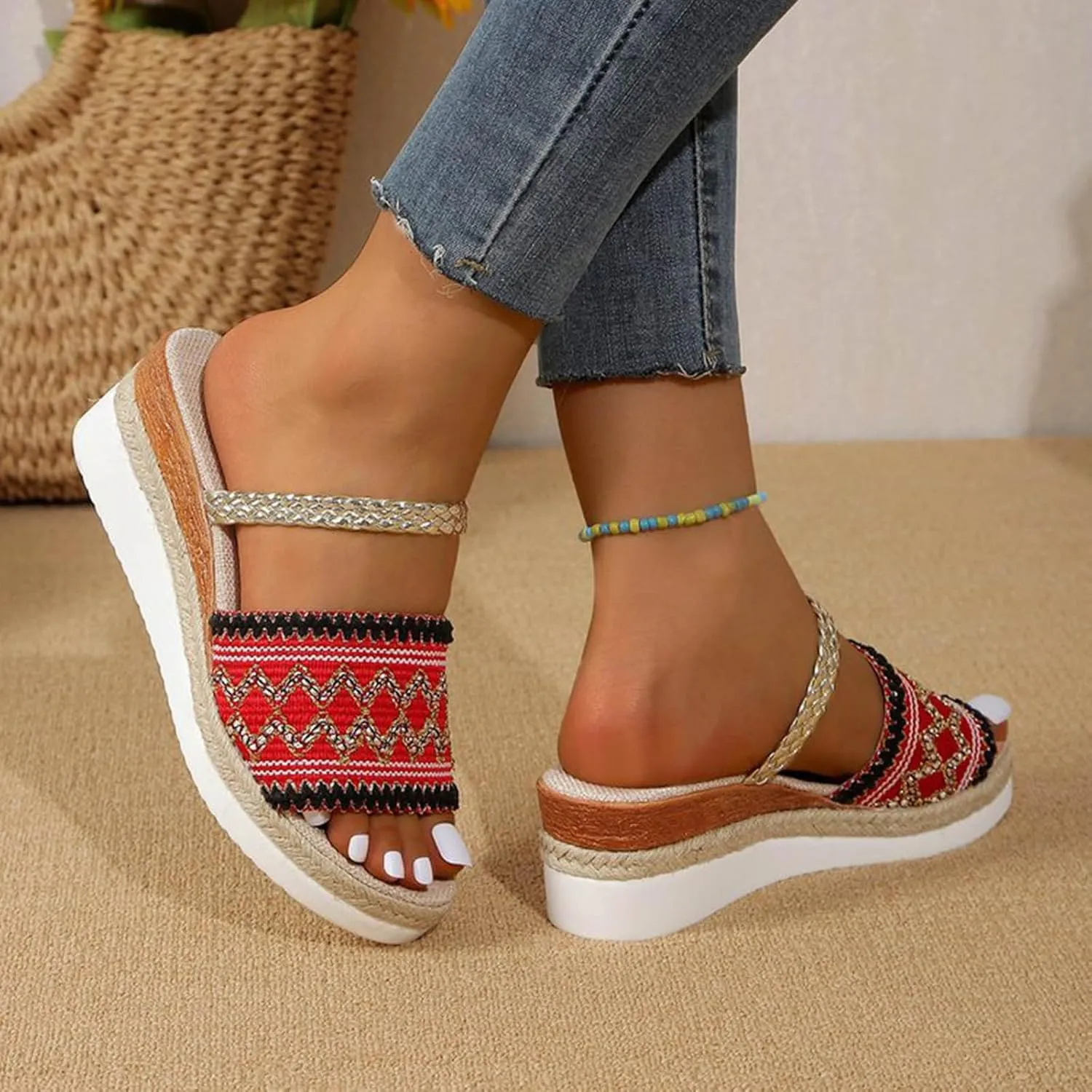 Roorsily Women's Comfortable Wedge Sandals Weaving Thick Bottom Slope Heel Large Size Sandals Slippers Walking Sandals