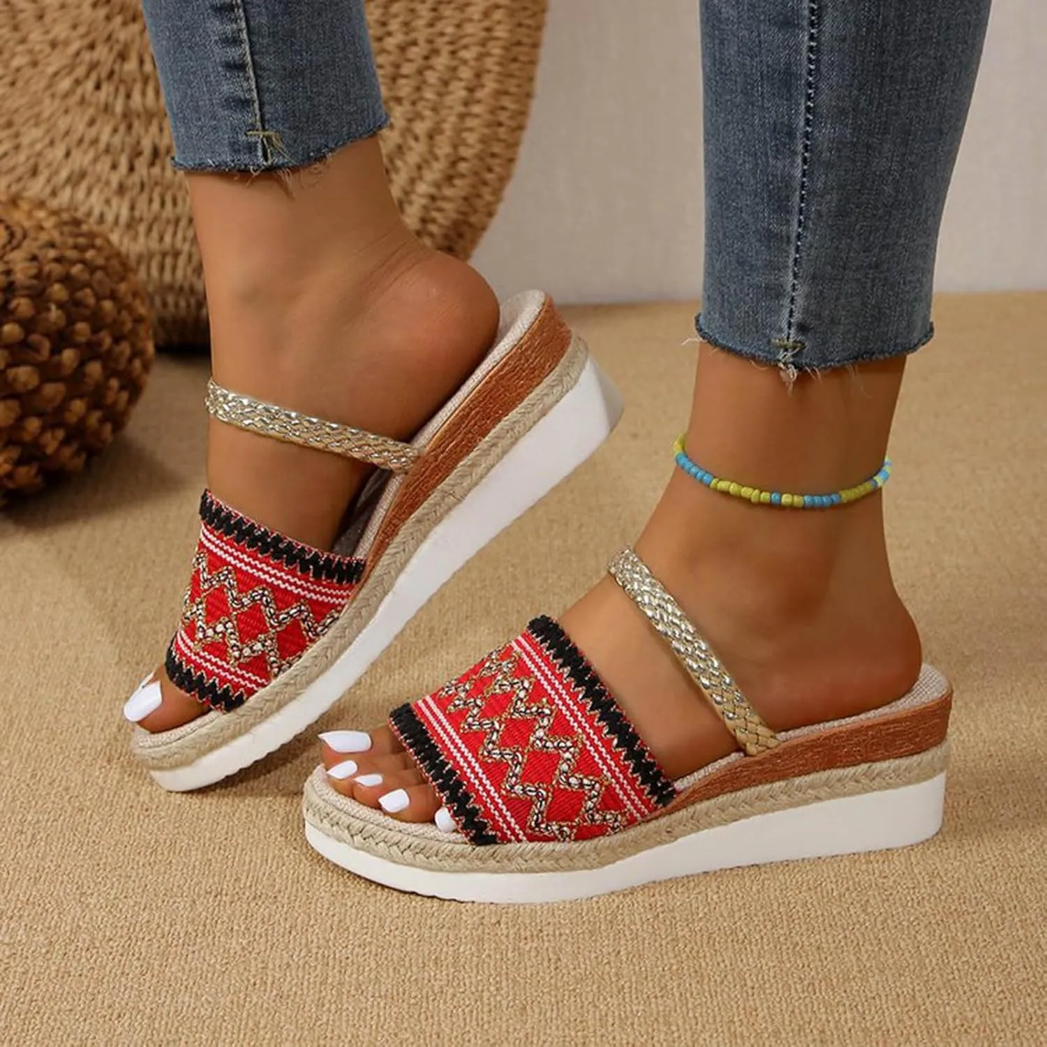 Roorsily Women's Comfortable Wedge Sandals Weaving Thick Bottom Slope Heel Large Size Sandals Slippers Walking Sandals