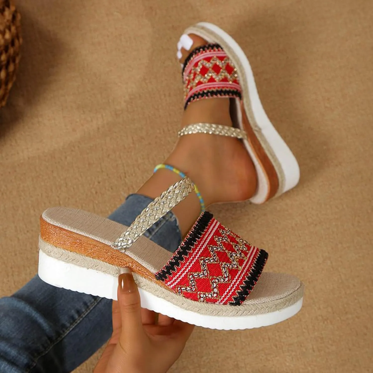 Roorsily Women's Comfortable Wedge Sandals Weaving Thick Bottom Slope Heel Large Size Sandals Slippers Walking Sandals