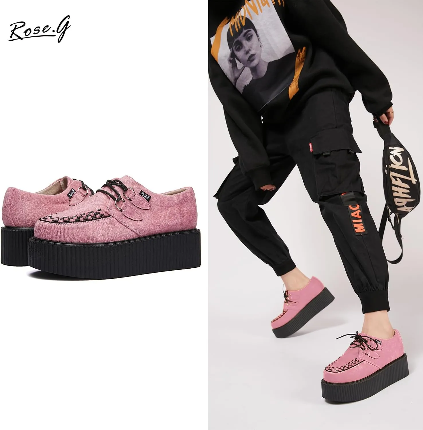 RoseG Women's Handmade Suede Lace Up Flat Platform Creepers Shoe