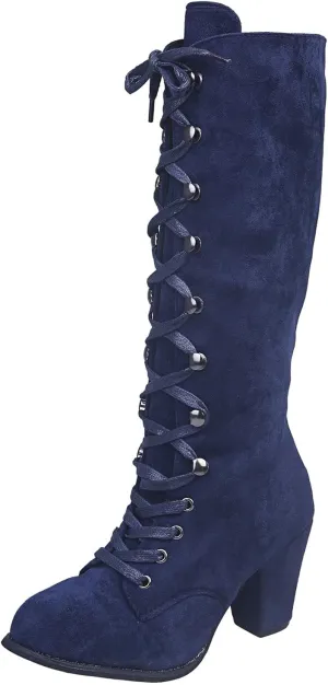 SACFOF Women's Suede Knee High Boot Ladies Lace up High Chunky Heeled Winter Boots Combat Riding Military Boots for Women