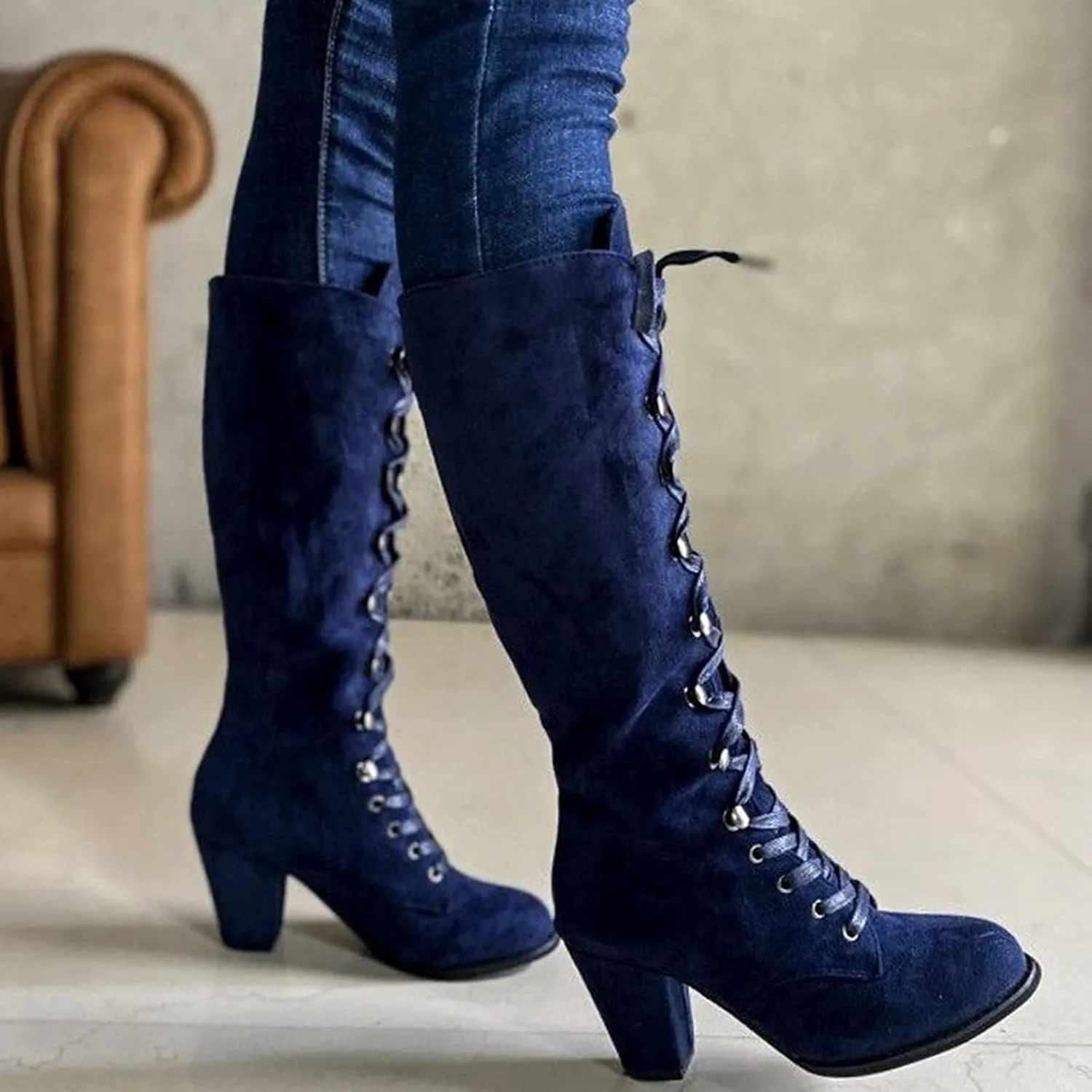 SACFOF Women's Suede Knee High Boot Ladies Lace up High Chunky Heeled Winter Boots Combat Riding Military Boots for Women