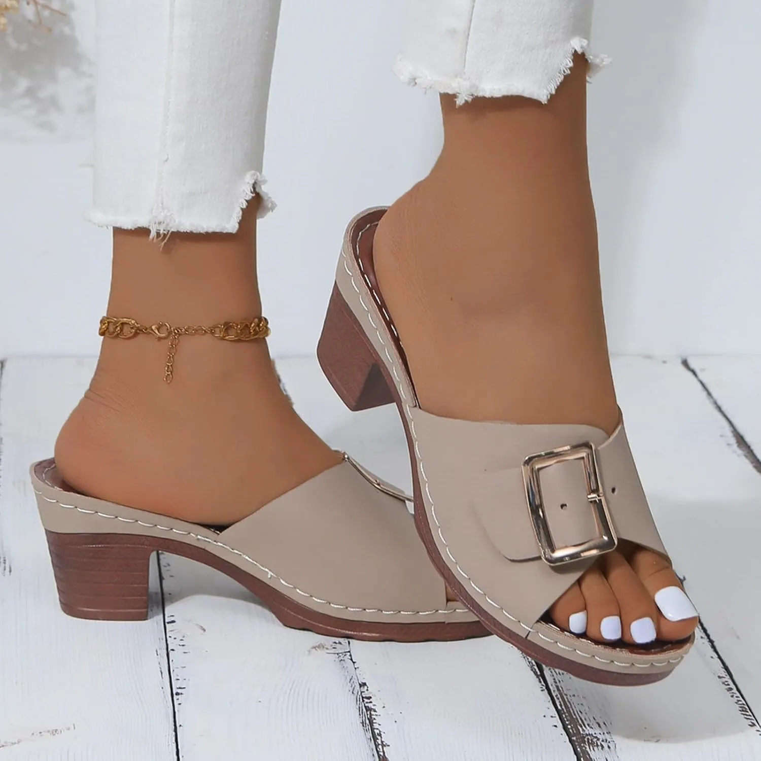Sandals for Women 2025 Chunky Platform Mules Sandals Slip on Block Heels Square Toe High Heeled Dress Shoes
