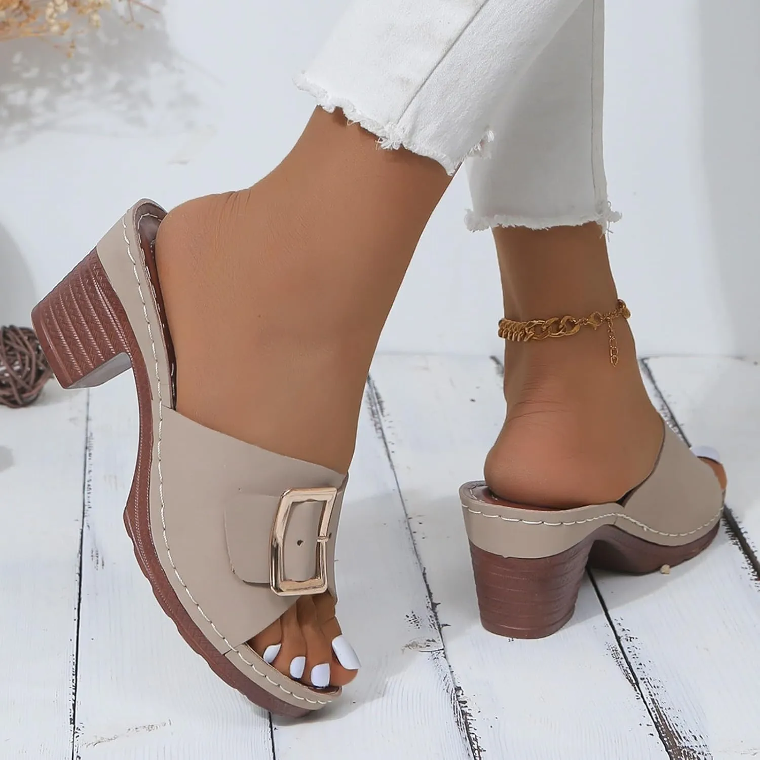 Sandals for Women 2025 Chunky Platform Mules Sandals Slip on Block Heels Square Toe High Heeled Dress Shoes