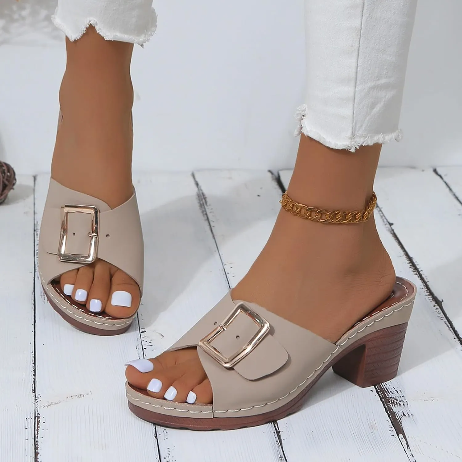 Sandals for Women 2025 Chunky Platform Mules Sandals Slip on Block Heels Square Toe High Heeled Dress Shoes