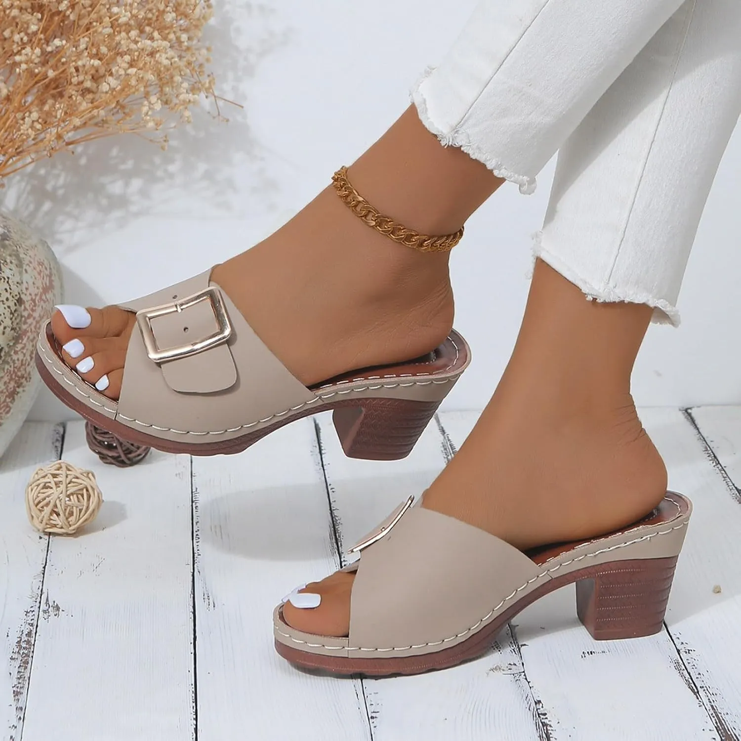 Sandals for Women 2025 Chunky Platform Mules Sandals Slip on Block Heels Square Toe High Heeled Dress Shoes