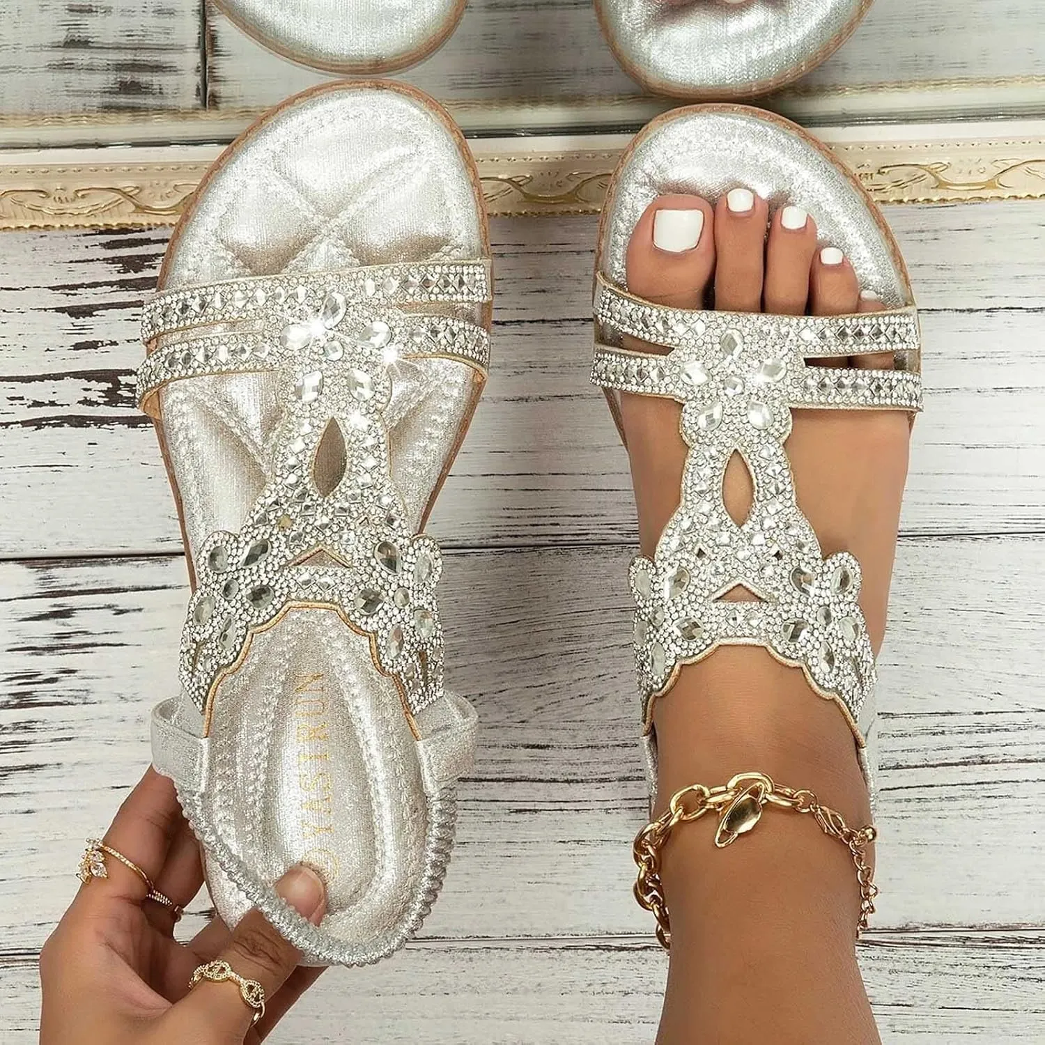 Sandals for Women Dressy,Sandals Women Dressy Summer Flat Rhinestone Beaded Flower Bohemia Low Heeled Sandals