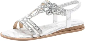 Sandals for Women Dressy,Sandals Women Dressy Summer Flat Rhinestone Beaded Flower Bohemia Low Heeled Sandals