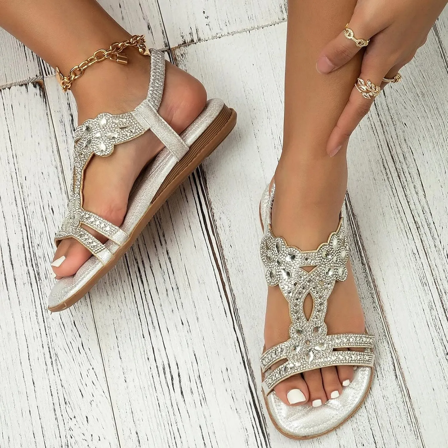 Sandals for Women Dressy,Sandals Women Dressy Summer Flat Rhinestone Beaded Flower Bohemia Low Heeled Sandals