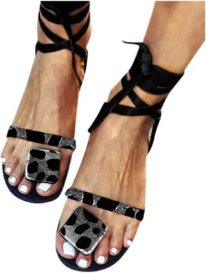 Sandals for Women Platform,Women Gladiator Sandals Flat Summer Leopard Print Strappy Lace Up Open Toe Knee High Flat Sandal
