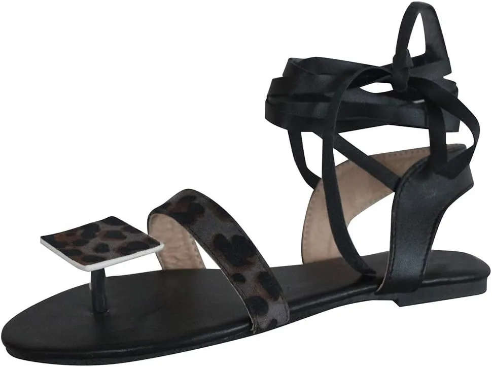 Sandals for Women Platform,Women Gladiator Sandals Flat Summer Leopard Print Strappy Lace Up Open Toe Knee High Flat Sandal