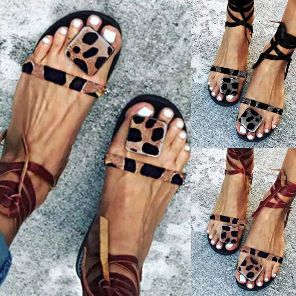 Sandals for Women Platform,Women Gladiator Sandals Flat Summer Leopard Print Strappy Lace Up Open Toe Knee High Flat Sandal