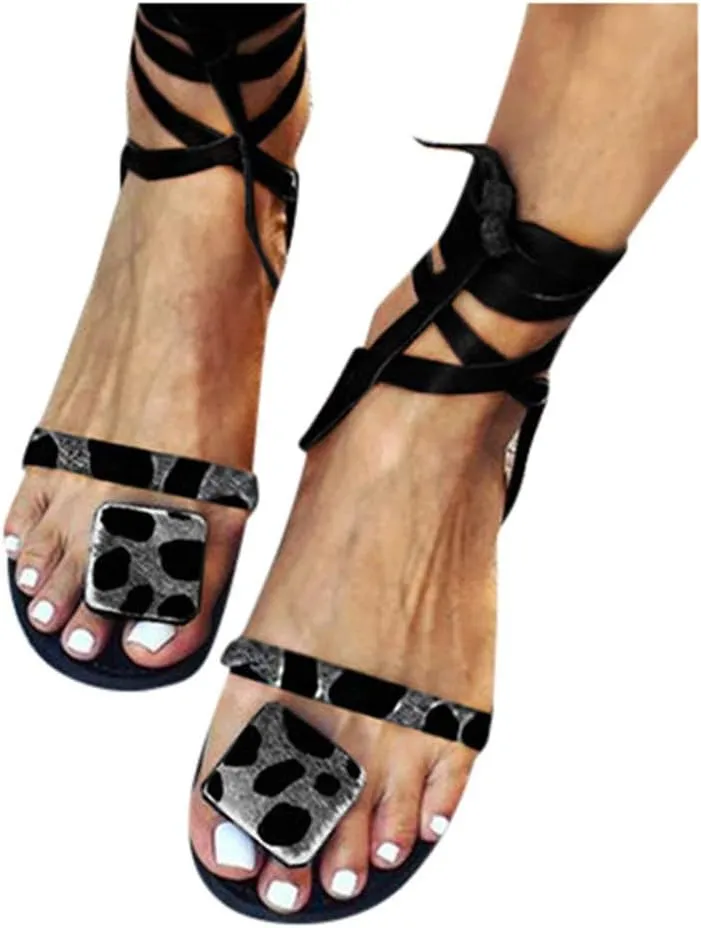 Sandals for Women Platform,Women Gladiator Sandals Flat Summer Leopard Print Strappy Lace Up Open Toe Knee High Flat Sandal