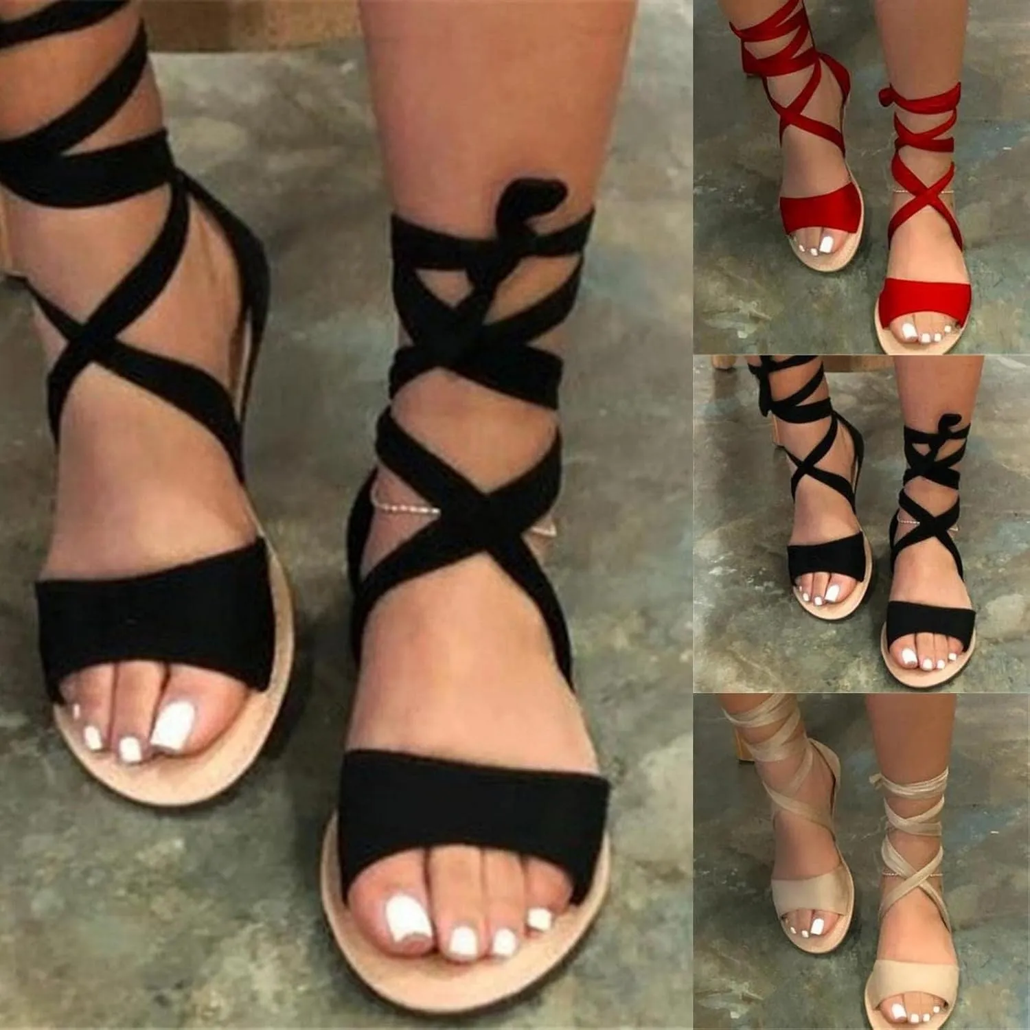 Sandals Women Summer Dressy Summer Lace Up Flat Gladiator Sandals Open Toe Beach Travel Sandals Soft Roman Shoes