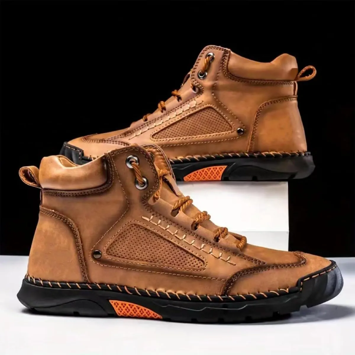 Sawbehind Men's Comfortable Handmade Leather Boots, Men's Casual Leather Handmade Non-Slip Arch Support Sneakers