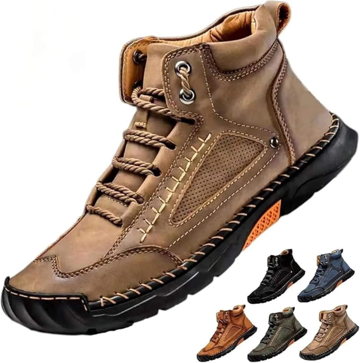 Sawbehind Men's Comfortable Handmade Leather Boots, Men's Casual Leather Handmade Non-Slip Arch Support Sneakers