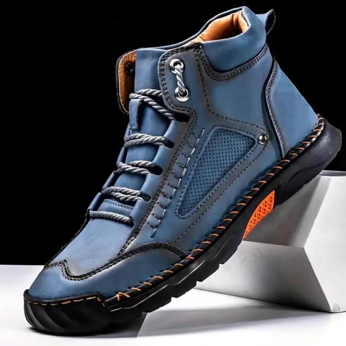 Sawbehind Men's Comfortable Handmade Leather Boots, Men's Casual Leather Handmade Non-Slip Arch Support Sneakers