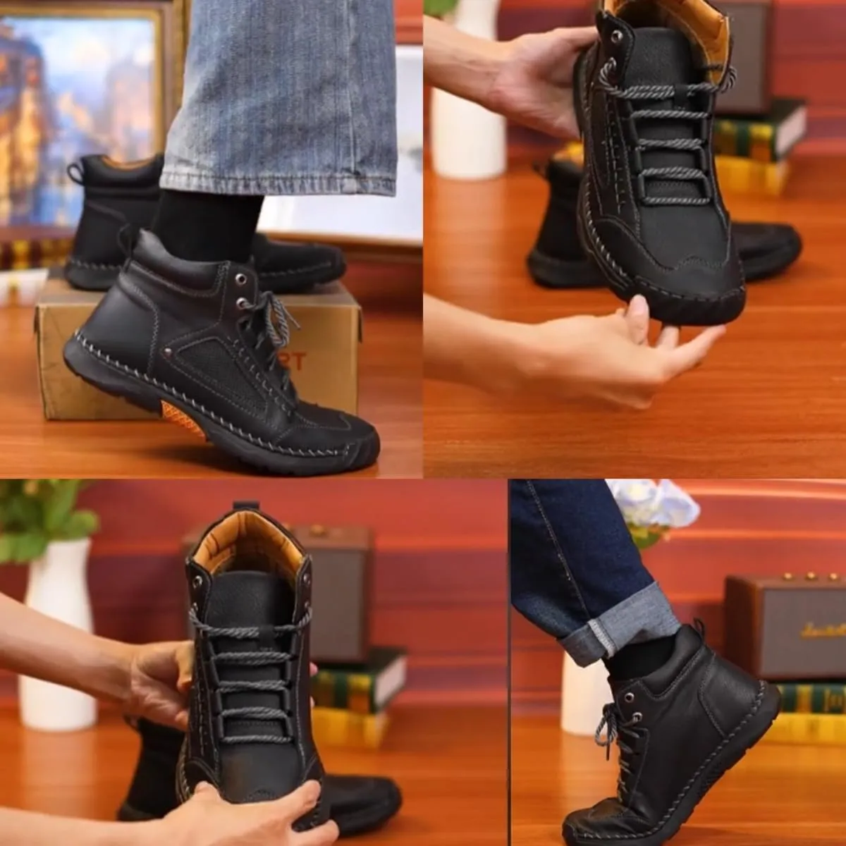 Sawbehind Men's Comfortable Handmade Leather Boots, Men's Casual Leather Handmade Non-Slip Arch Support Sneakers