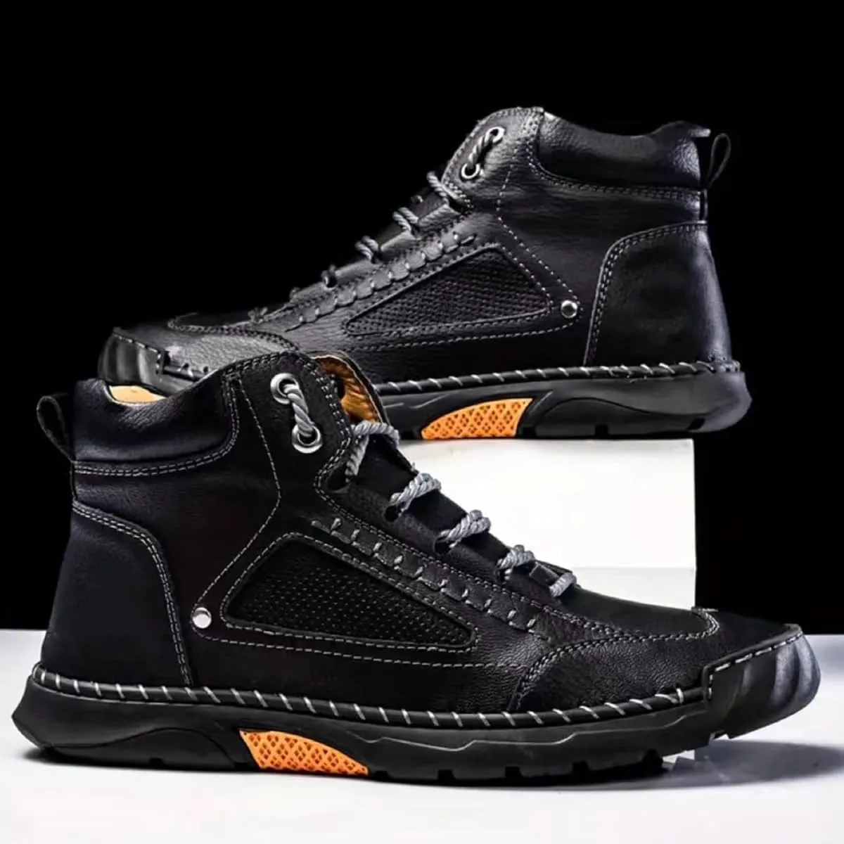 Sawbehind Men's Comfortable Handmade Leather Boots, Men's Casual Leather Handmade Non-Slip Arch Support Sneakers
