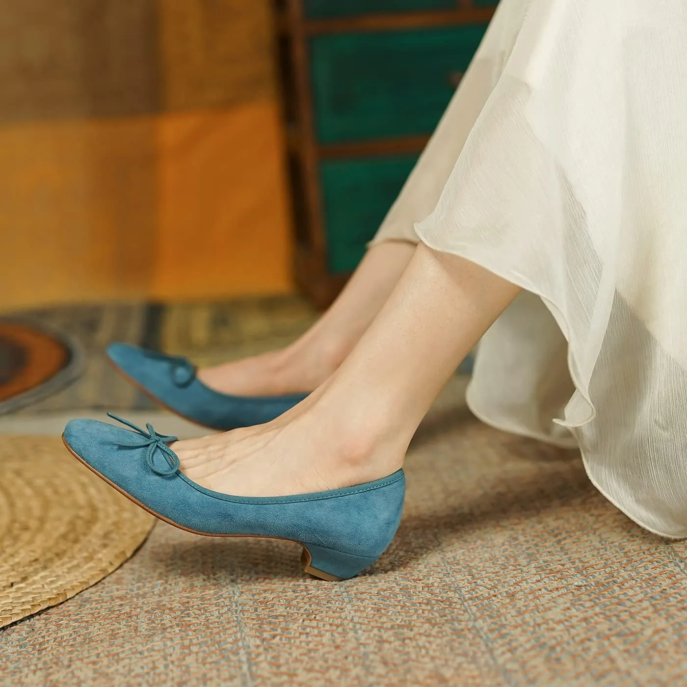 SHODENSE Women Bow Flats Round Closed Toe Slip On Ballet Flats Velvet Suede Comfortable Low Chunky Heel Dress Shoes Cute Ladies Girls Office Work Wedding Pumps Club Party Fall Flat Shoes 4-11 M US