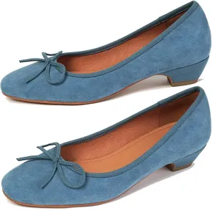 SHODENSE Women Bow Flats Round Closed Toe Slip On Ballet Flats Velvet Suede Comfortable Low Chunky Heel Dress Shoes Cute Ladies Girls Office Work Wedding Pumps Club Party Fall Flat Shoes 4-11 M US