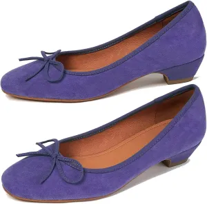SHODENSE Women Bow Flats Round Closed Toe Slip On Ballet Flats Velvet Suede Comfortable Low Chunky Heel Dress Shoes Cute Ladies Girls Office Work Wedding Pumps Club Party Fall Flat Shoes 4-11 M US