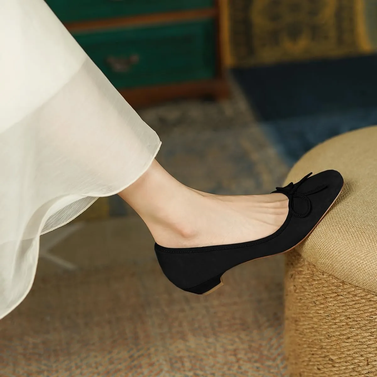 SHODENSE Women Bow Flats Round Closed Toe Slip On Ballet Flats Velvet Suede Comfortable Low Chunky Heel Dress Shoes Cute Ladies Girls Office Work Wedding Pumps Club Party Fall Flat Shoes 4-11 M US