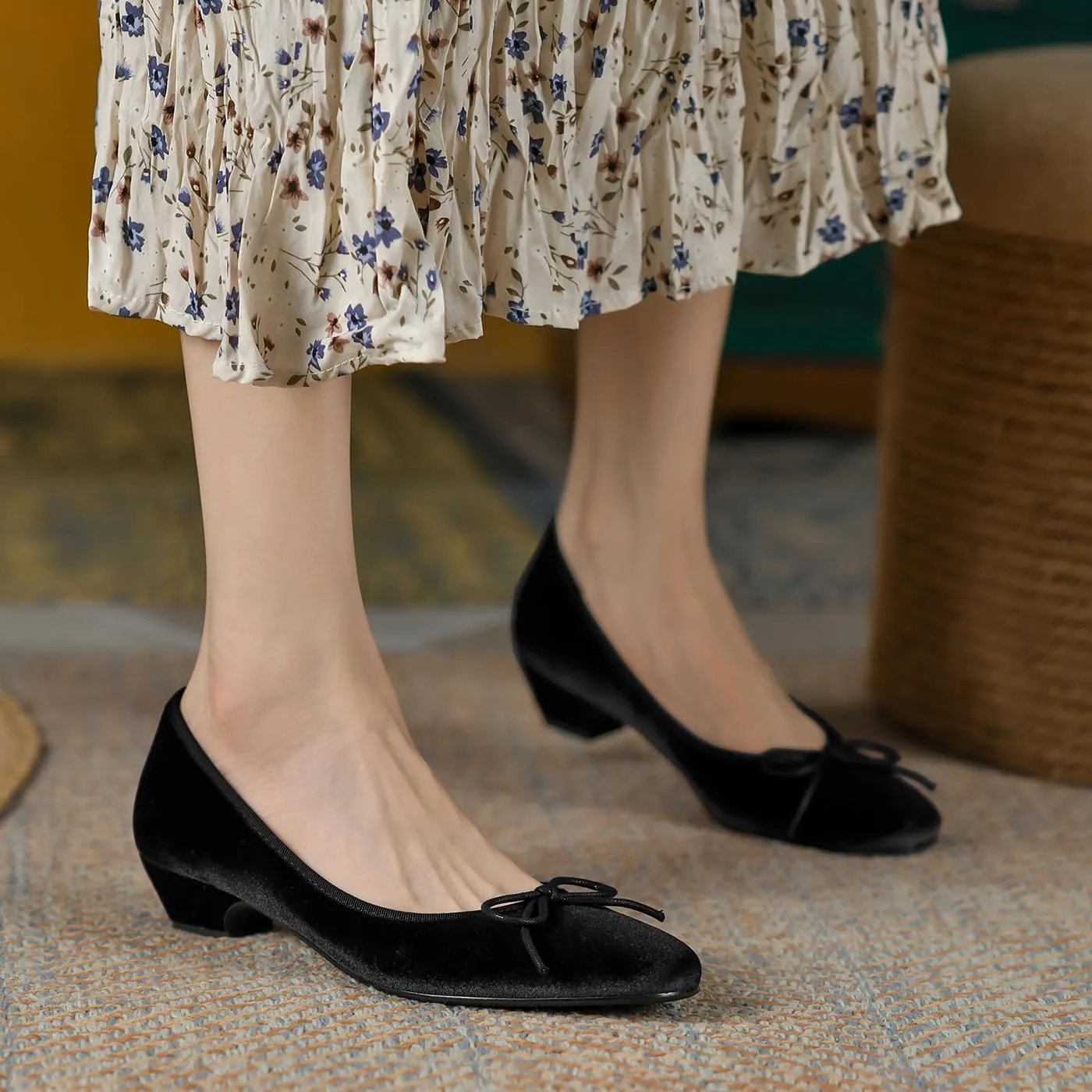 SHODENSE Women Bow Flats Round Closed Toe Slip On Ballet Flats Velvet Suede Comfortable Low Chunky Heel Dress Shoes Cute Ladies Girls Office Work Wedding Pumps Club Party Fall Flat Shoes 4-11 M US