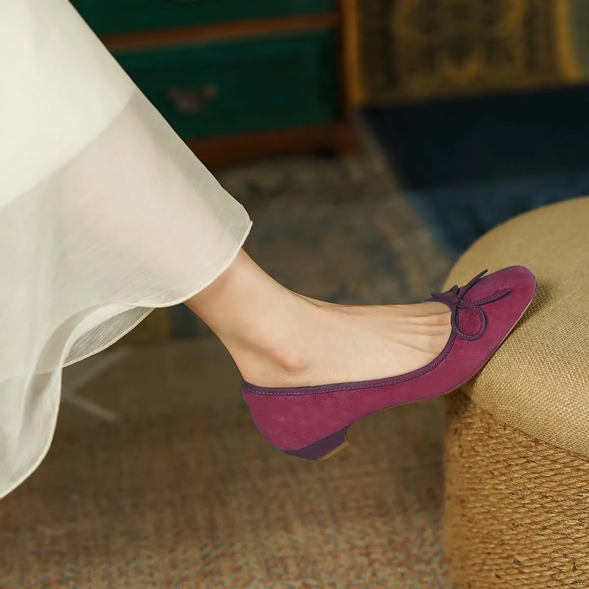 SHODENSE Women Bow Flats Round Closed Toe Slip On Ballet Flats Velvet Suede Comfortable Low Chunky Heel Dress Shoes Cute Ladies Girls Office Work Wedding Pumps Club Party Fall Flat Shoes 4-11 M US