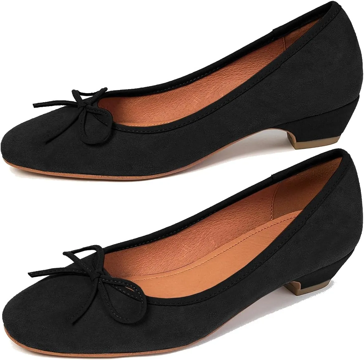 SHODENSE Women Bow Flats Round Closed Toe Slip On Ballet Flats Velvet Suede Comfortable Low Chunky Heel Dress Shoes Cute Ladies Girls Office Work Wedding Pumps Club Party Fall Flat Shoes 4-11 M US