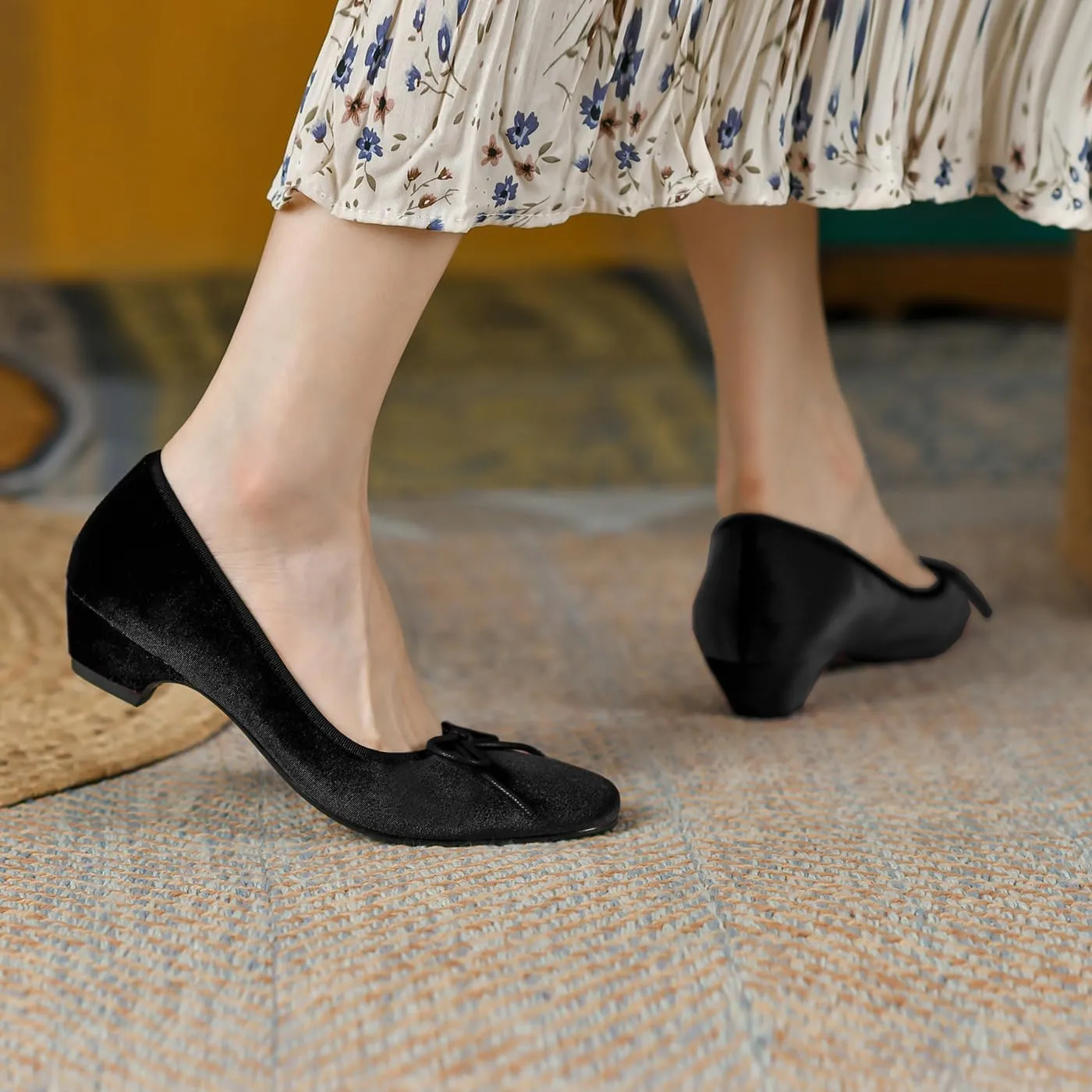SHODENSE Women Bow Flats Round Closed Toe Slip On Ballet Flats Velvet Suede Comfortable Low Chunky Heel Dress Shoes Cute Ladies Girls Office Work Wedding Pumps Club Party Fall Flat Shoes 4-11 M US
