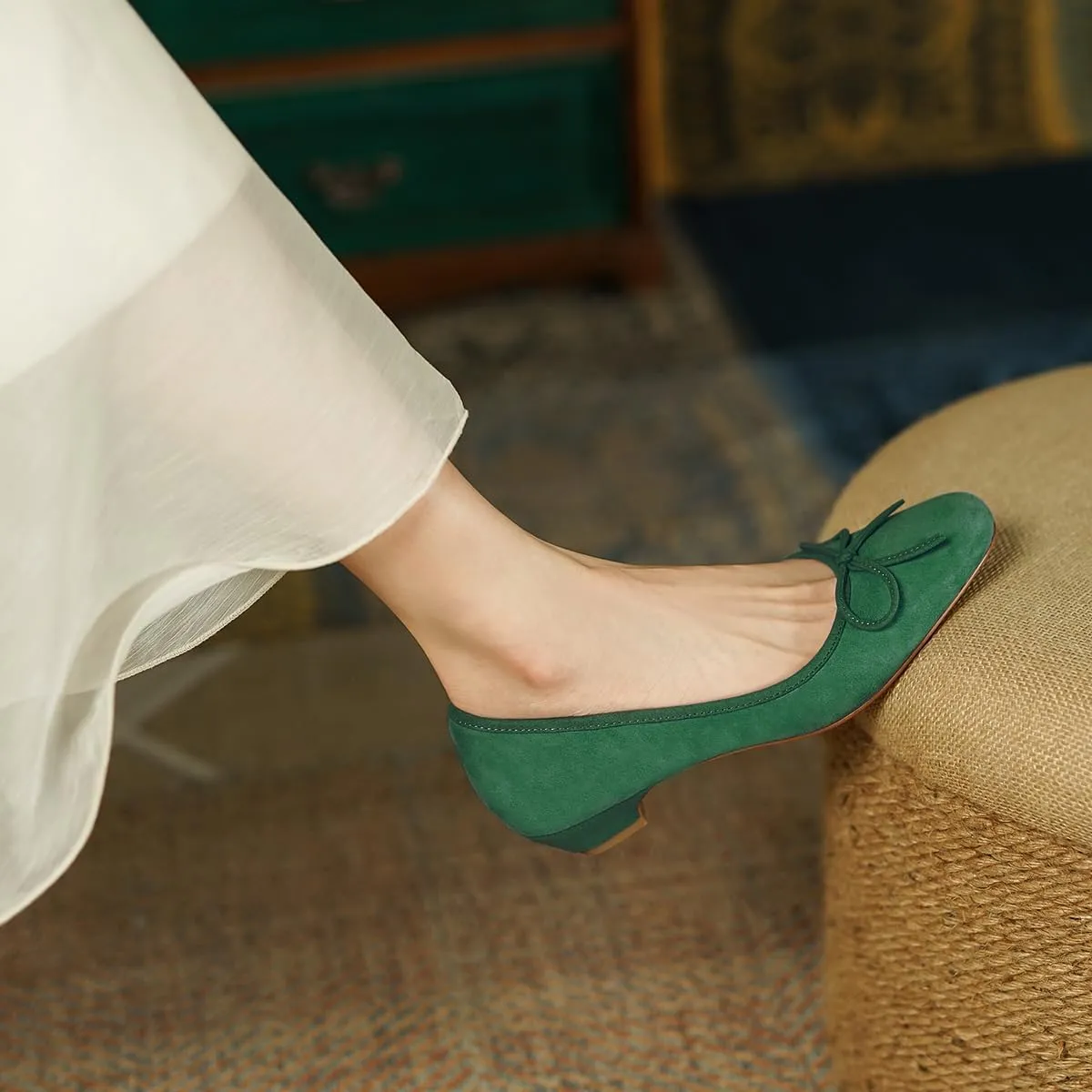 SHODENSE Women Bow Flats Round Closed Toe Slip On Ballet Flats Velvet Suede Comfortable Low Chunky Heel Dress Shoes Cute Ladies Girls Office Work Wedding Pumps Club Party Fall Flat Shoes 4-11 M US