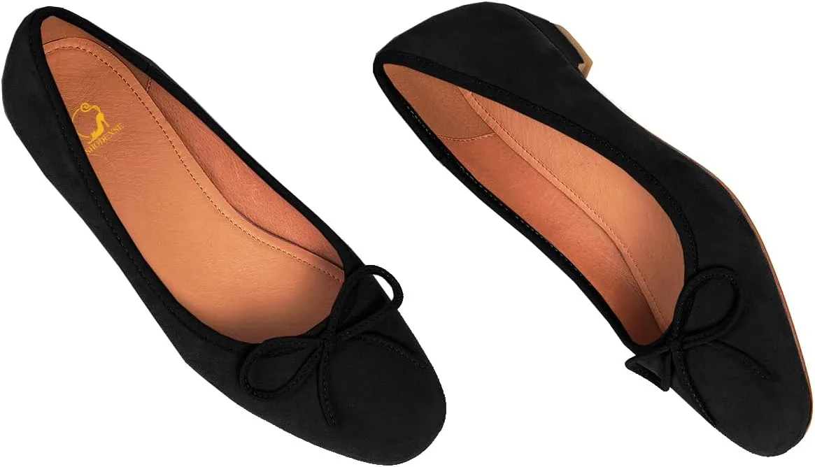 SHODENSE Women Bow Flats Round Closed Toe Slip On Ballet Flats Velvet Suede Comfortable Low Chunky Heel Dress Shoes Cute Ladies Girls Office Work Wedding Pumps Club Party Fall Flat Shoes 4-11 M US