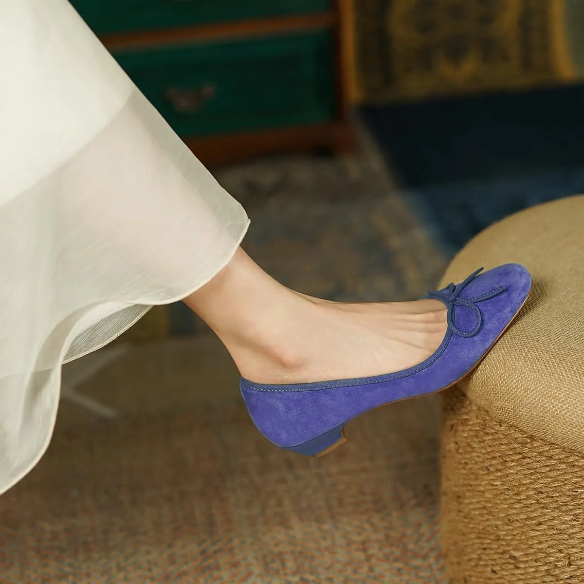 SHODENSE Women Bow Flats Round Closed Toe Slip On Ballet Flats Velvet Suede Comfortable Low Chunky Heel Dress Shoes Cute Ladies Girls Office Work Wedding Pumps Club Party Fall Flat Shoes 4-11 M US