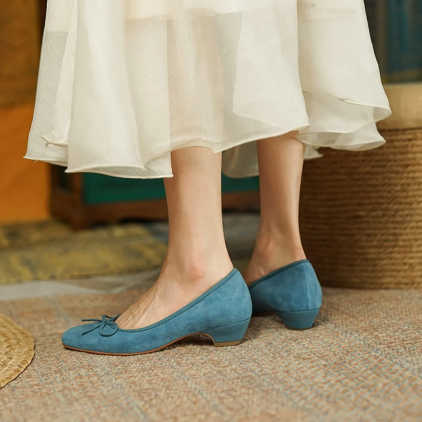 SHODENSE Women Bow Flats Round Closed Toe Slip On Ballet Flats Velvet Suede Comfortable Low Chunky Heel Dress Shoes Cute Ladies Girls Office Work Wedding Pumps Club Party Fall Flat Shoes 4-11 M US
