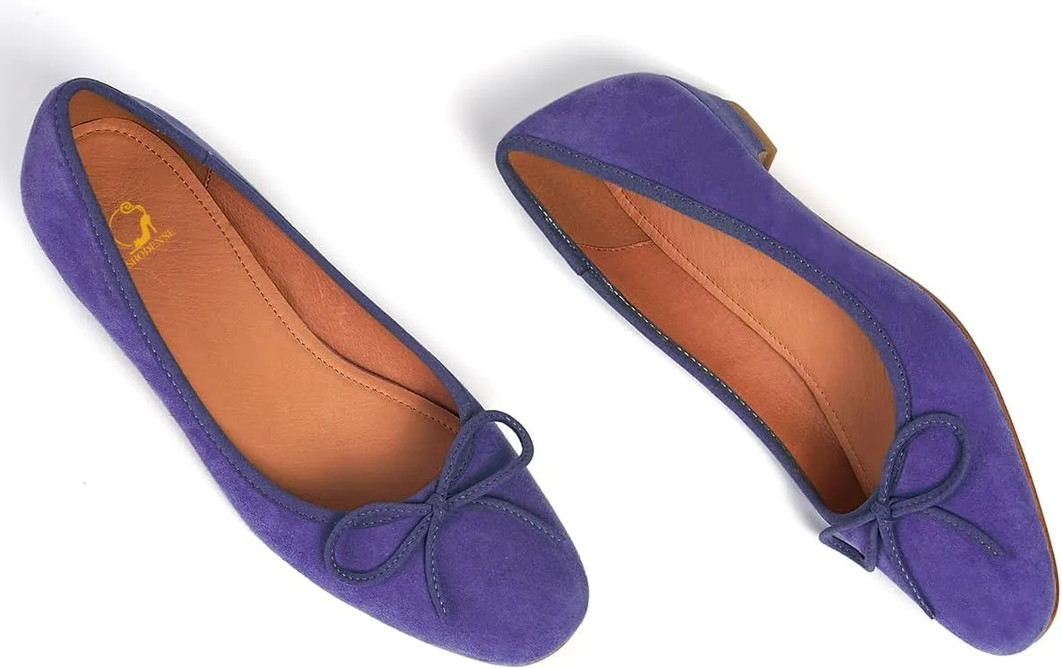 SHODENSE Women Bow Flats Round Closed Toe Slip On Ballet Flats Velvet Suede Comfortable Low Chunky Heel Dress Shoes Cute Ladies Girls Office Work Wedding Pumps Club Party Fall Flat Shoes 4-11 M US